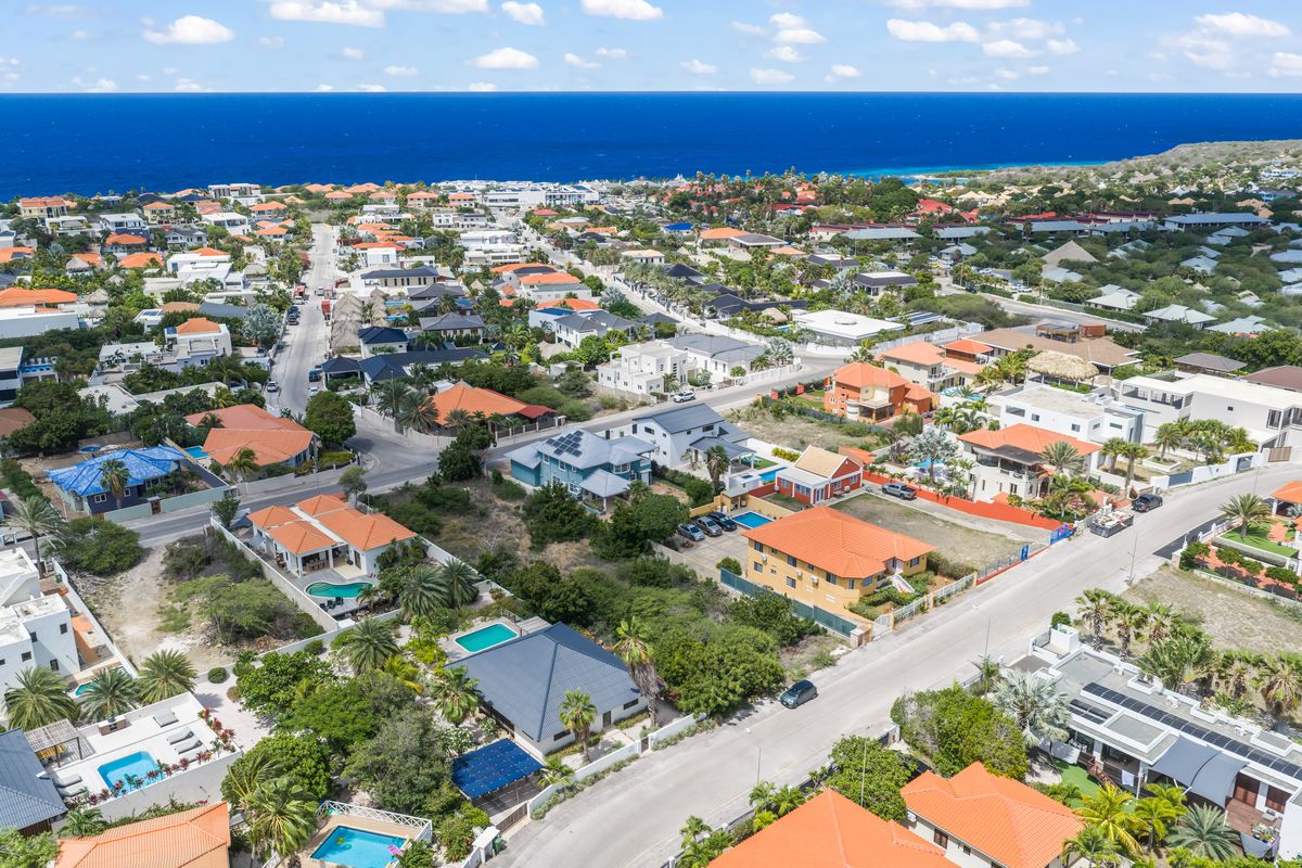 Aerial view over the neighbourhood with the sea on the horizon
